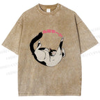 Unisex Japanese Cat Roll Printed Washed Tee