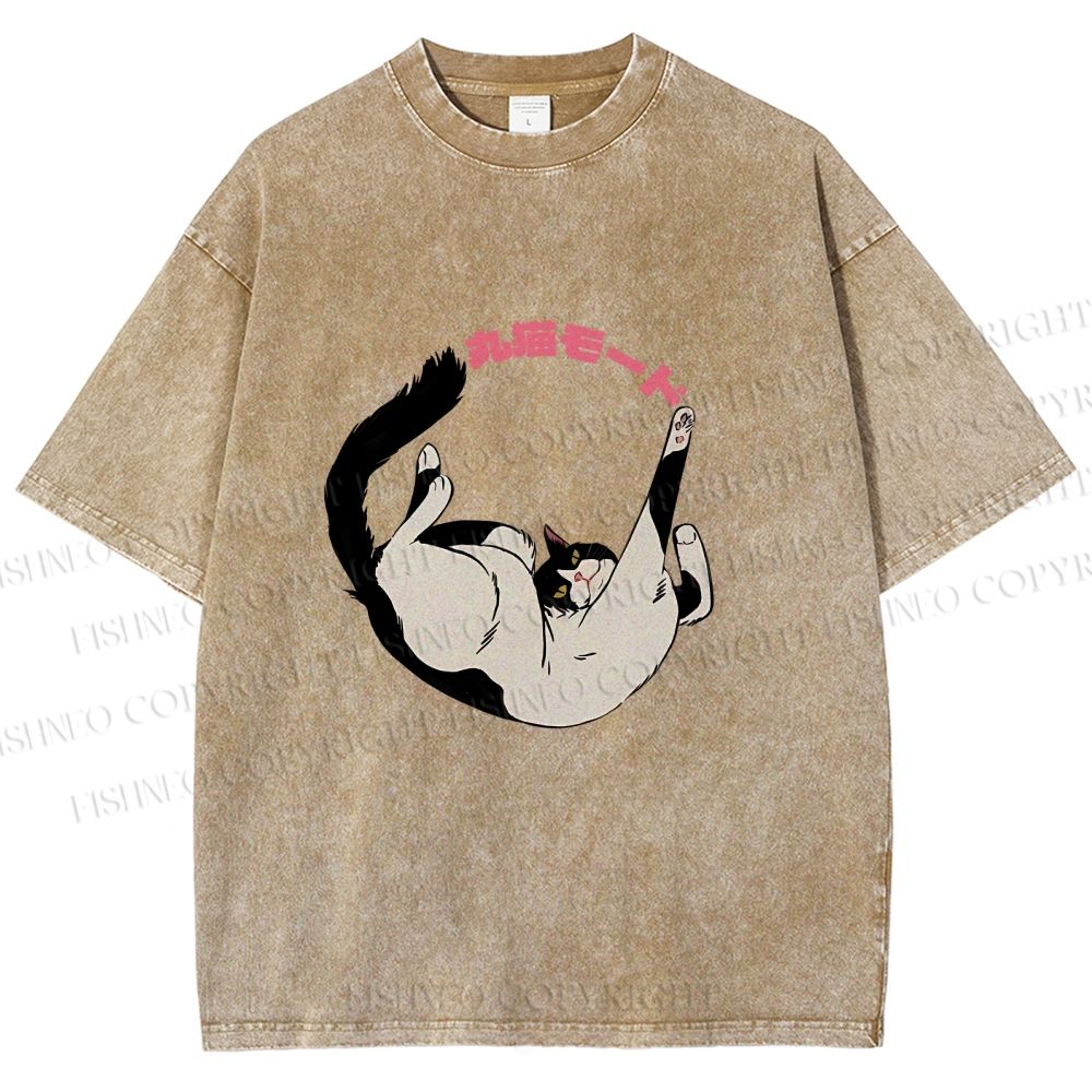 Unisex Japanese Cat Roll Printed Washed Tee