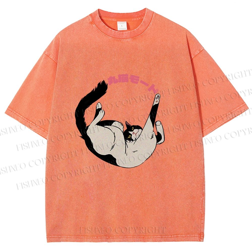 Unisex Japanese Cat Roll Printed Washed Tee
