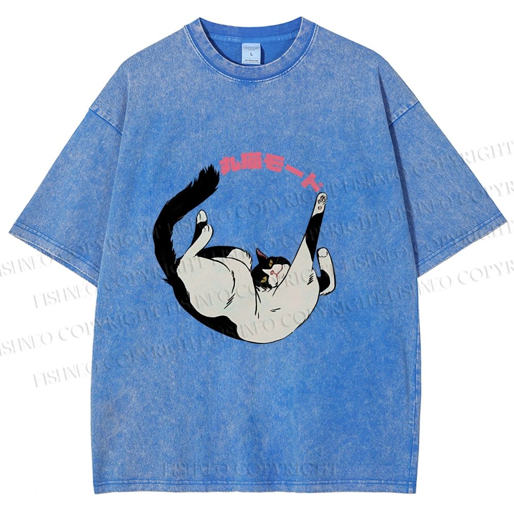 Unisex Japanese Cat Roll Printed Washed Tee
