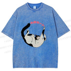 Unisex Japanese Cat Roll Printed Washed Tee