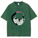 Unisex Japanese Cat Roll Printed Washed Tee