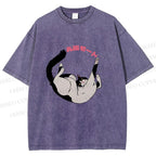 Unisex Japanese Cat Roll Printed Washed Tee