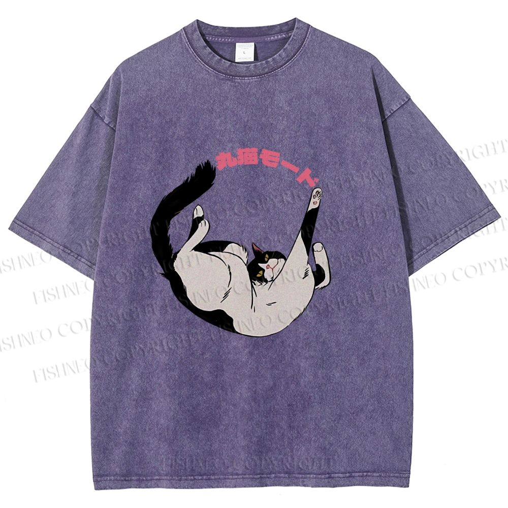 Unisex Japanese Cat Roll Printed Washed Tee
