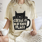 Unisex Coffee Is My Safe Place Cat In Cup Printed Washed Tee