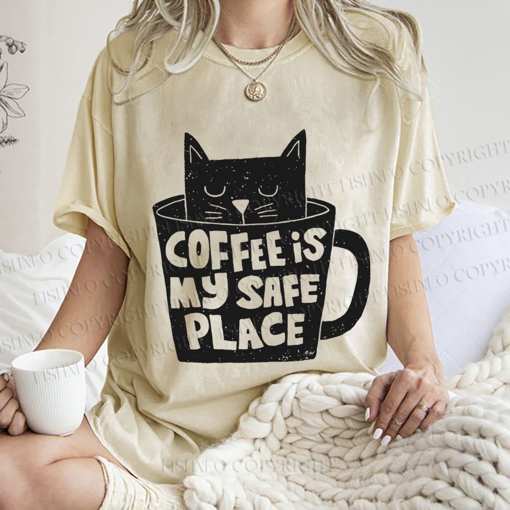Unisex Coffee Is My Safe Place Cat In Cup Printed Washed Tee