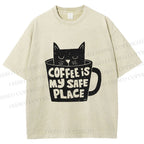 Unisex Coffee Is My Safe Place Cat In Cup Printed Washed Tee
