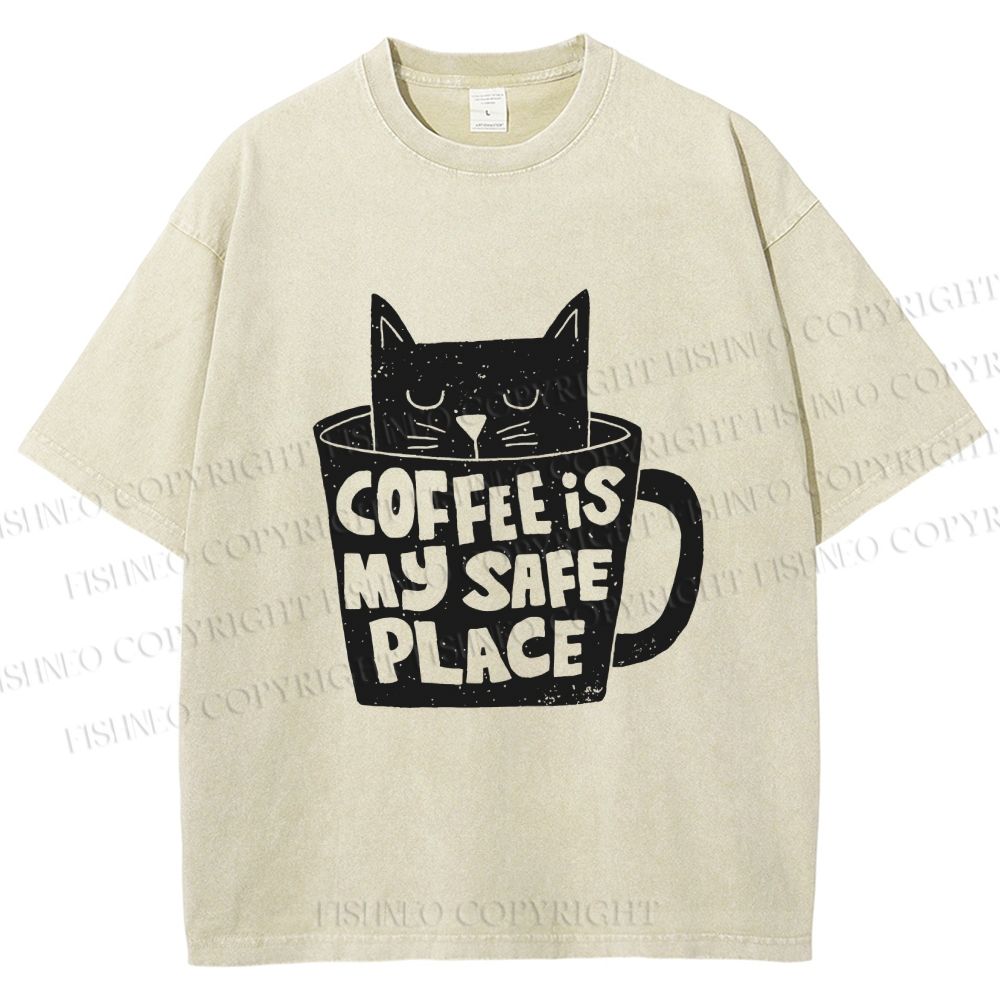 Unisex Coffee Is My Safe Place Cat In Cup Printed Washed Tee