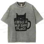 Unisex Coffee Is My Safe Place Cat In Cup Printed Washed Tee