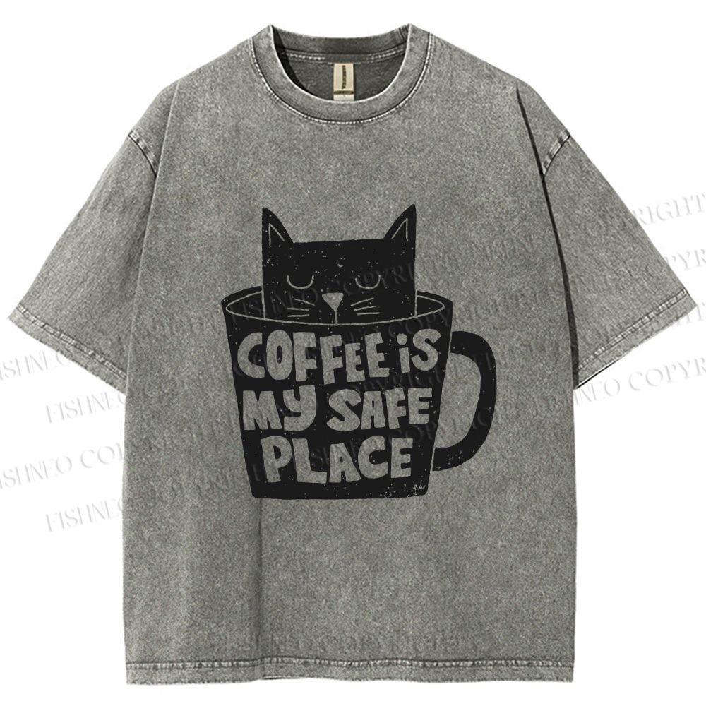 Unisex Coffee Is My Safe Place Cat In Cup Printed Washed Tee