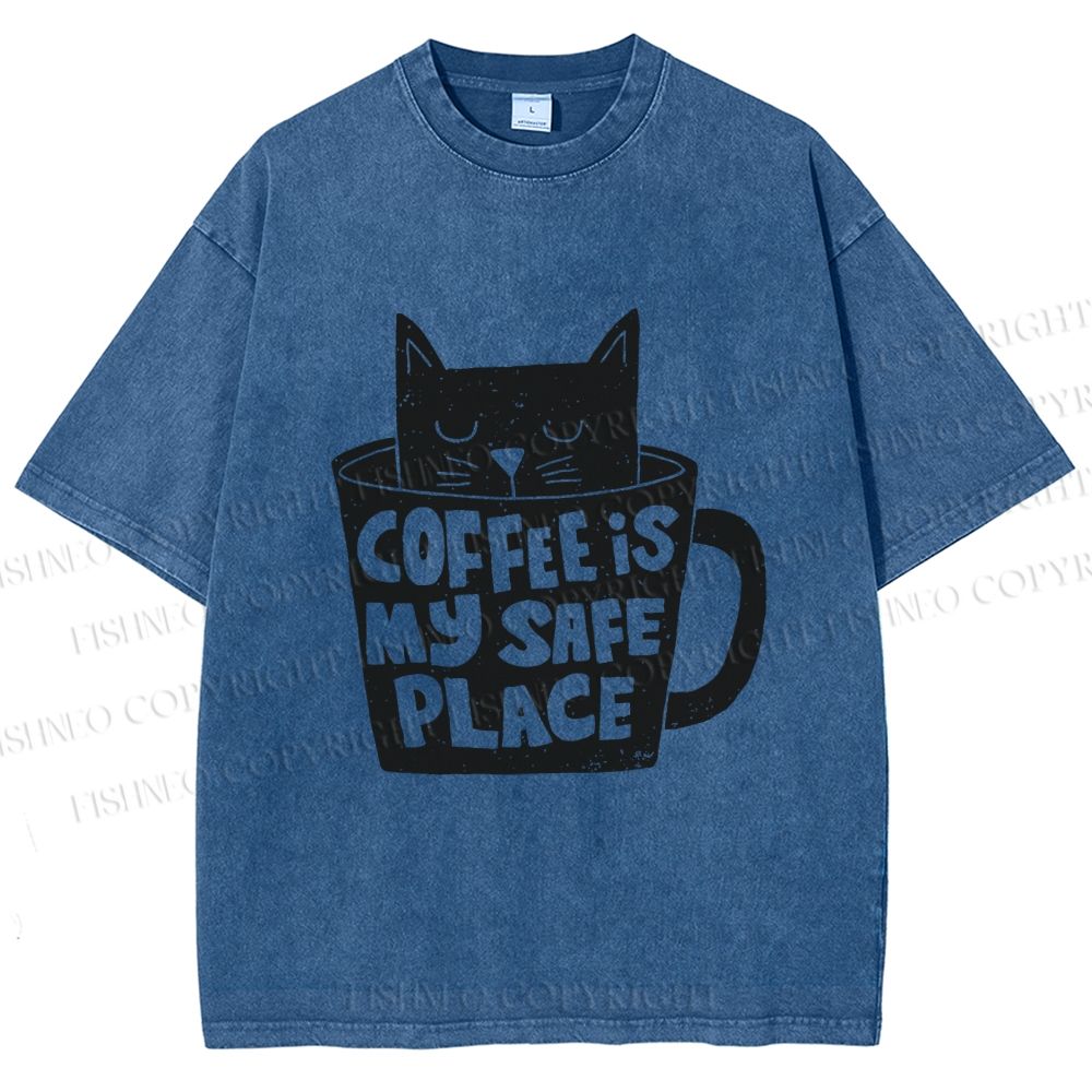 Unisex Coffee Is My Safe Place Cat In Cup Printed Washed Tee
