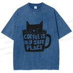 Unisex Coffee Is My Safe Place Cat In Cup Printed Washed Tee