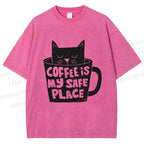 Unisex Coffee Is My Safe Place Cat In Cup Printed Washed Tee