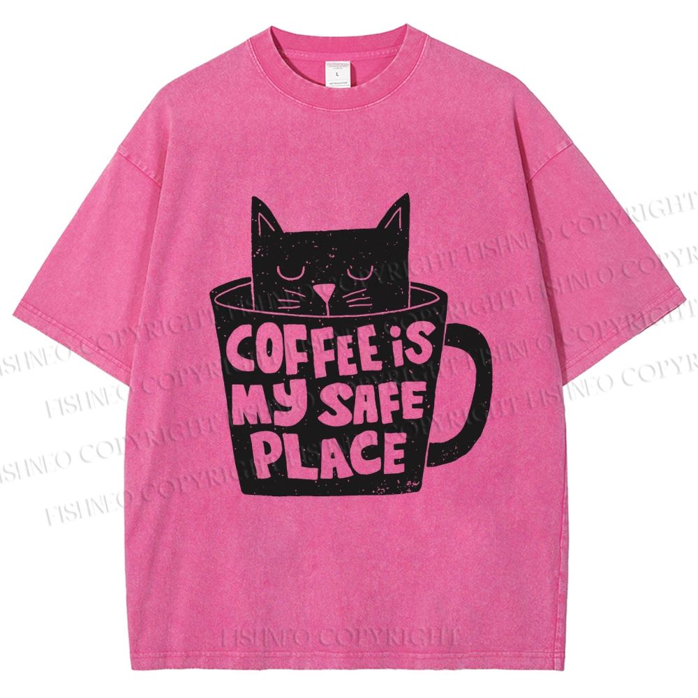 Unisex Coffee Is My Safe Place Cat In Cup Printed Washed Tee