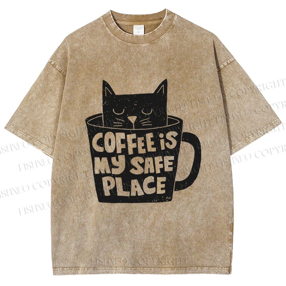 Unisex Coffee Is My Safe Place Cat In Cup Printed Washed Tee