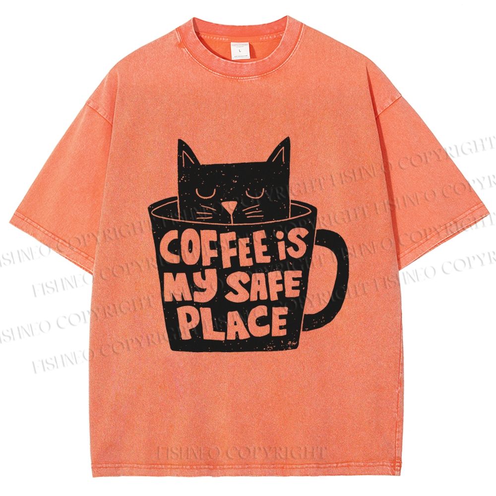 Unisex Coffee Is My Safe Place Cat In Cup Printed Washed Tee