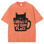 Unisex Coffee Is My Safe Place Cat In Cup Printed Washed Tee