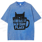 Unisex Coffee Is My Safe Place Cat In Cup Printed Washed Tee