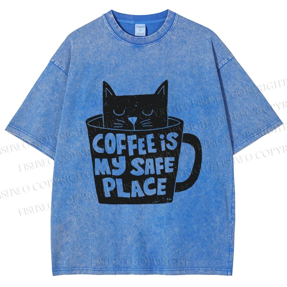 Unisex Coffee Is My Safe Place Cat In Cup Printed Washed Tee