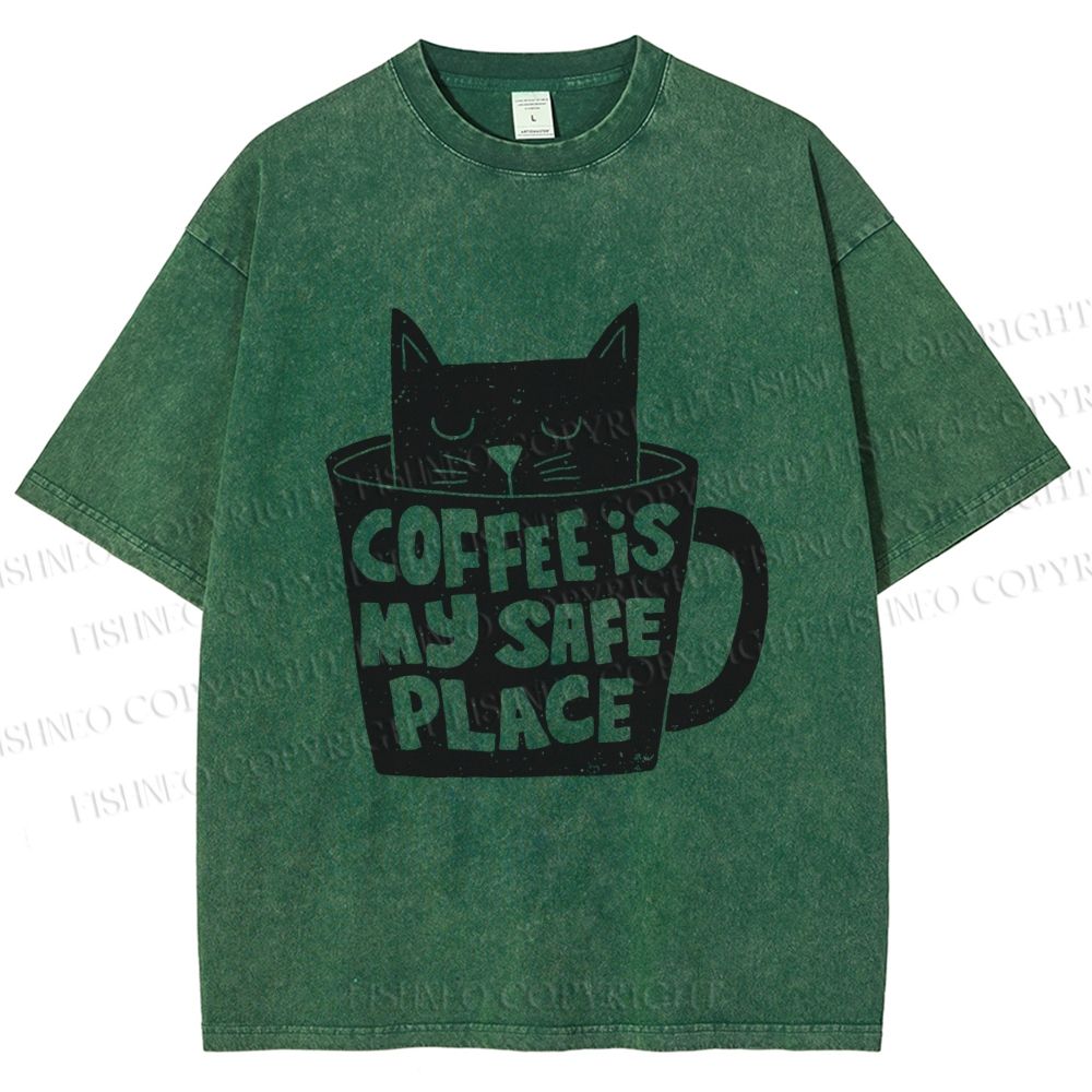 Unisex Coffee Is My Safe Place Cat In Cup Printed Washed Tee