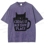 Unisex Coffee Is My Safe Place Cat In Cup Printed Washed Tee