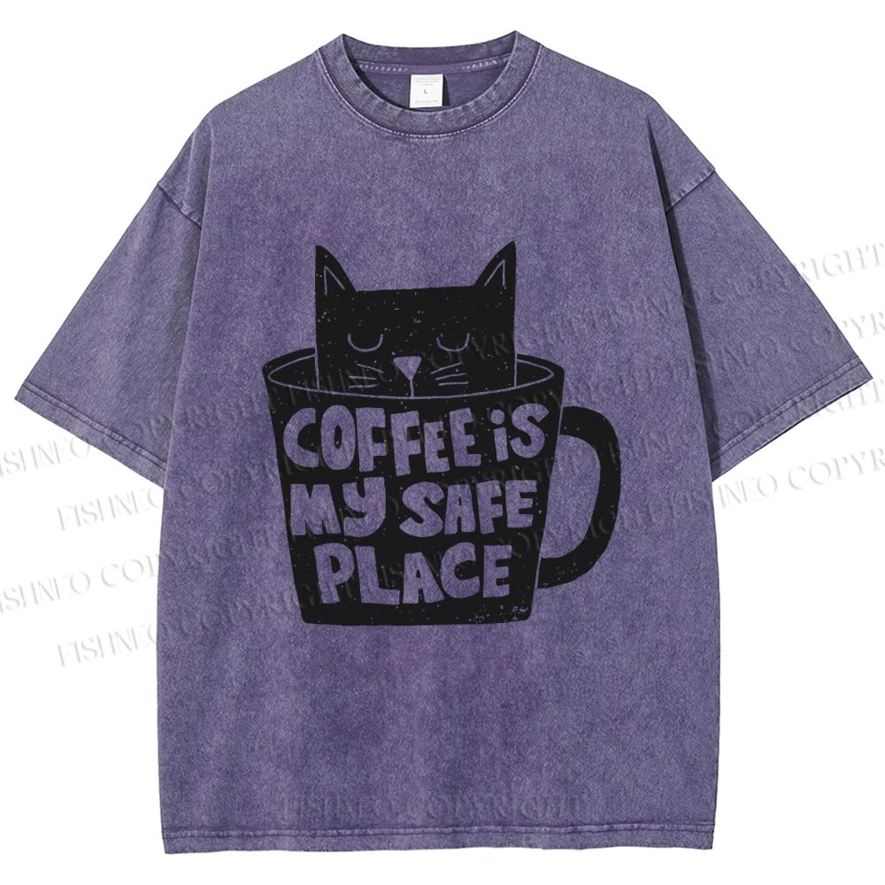 Unisex Coffee Is My Safe Place Cat In Cup Printed Washed Tee