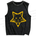 Unisex Vintage Cat Star Printed Washed Tank Top