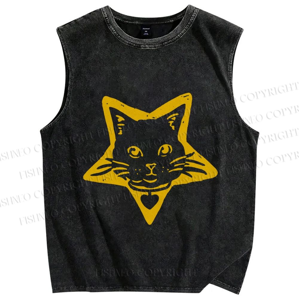 Unisex Vintage Cat Star Printed Washed Tank Top