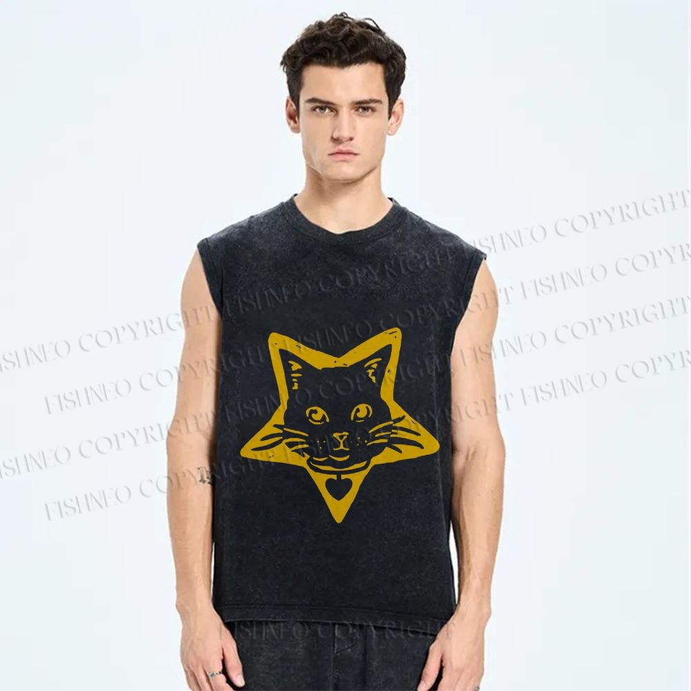 Unisex Vintage Cat Star Printed Washed Tank Top