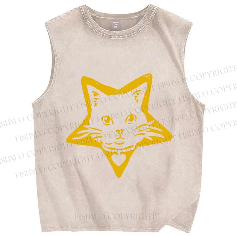 Unisex Vintage Cat Star Printed Washed Tank Top