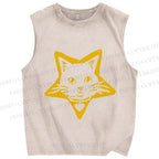 Unisex Vintage Cat Star Printed Washed Tank Top