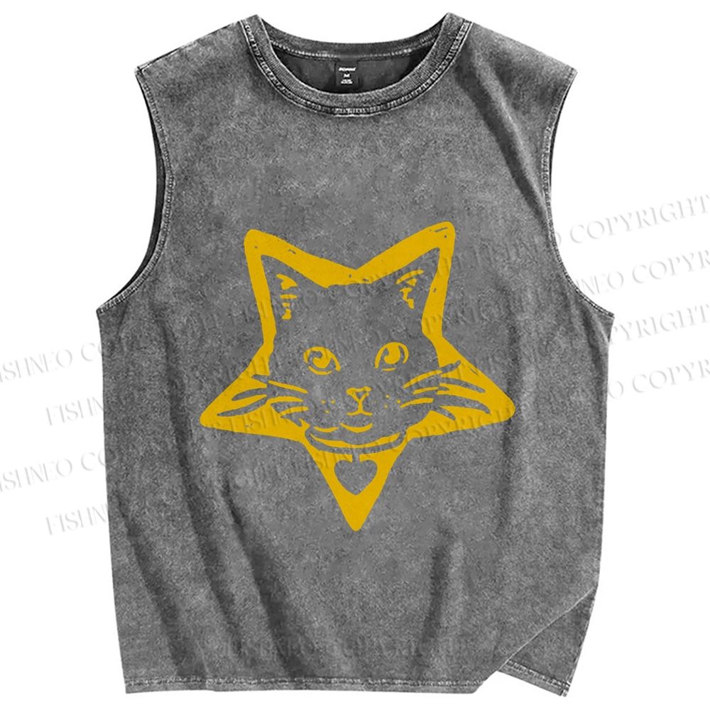 Unisex Vintage Cat Star Printed Washed Tank Top