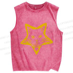 Unisex Vintage Cat Star Printed Washed Tank Top