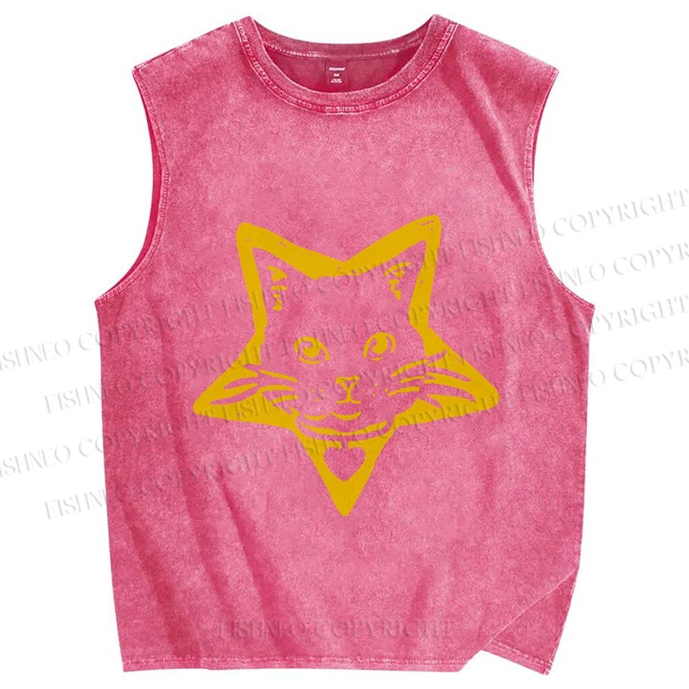 Unisex Vintage Cat Star Printed Washed Tank Top