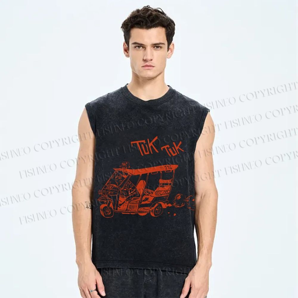 Unisex Cat Driving Taxi Tuk Tuk Printed Washed Tank Top