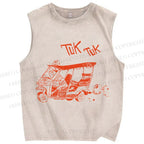 Unisex Cat Driving Taxi Tuk Tuk Printed Washed Tank Top