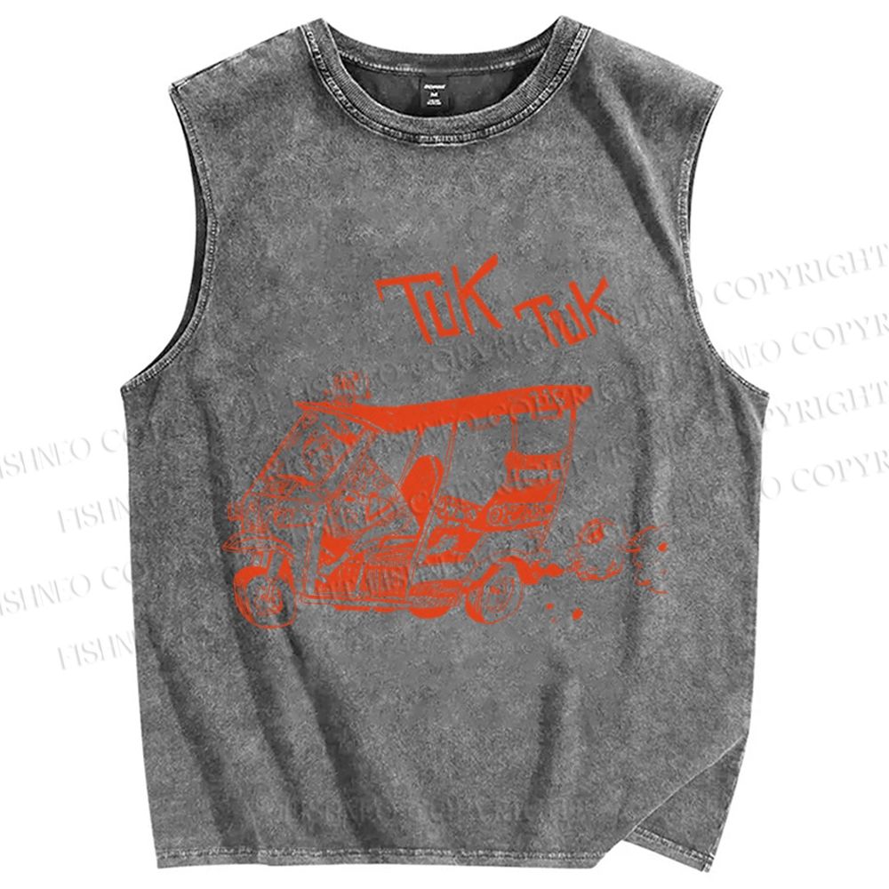 Unisex Cat Driving Taxi Tuk Tuk Printed Washed Tank Top