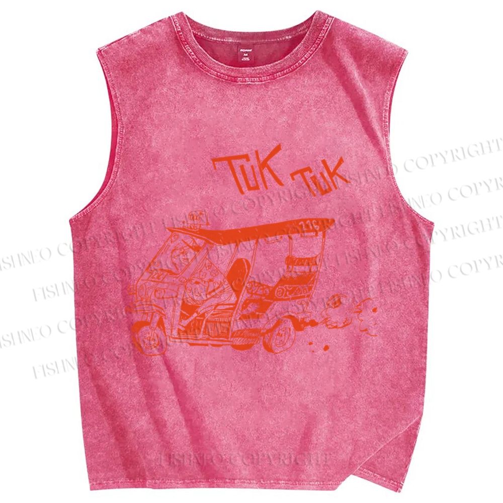 Unisex Cat Driving Taxi Tuk Tuk Printed Washed Tank Top