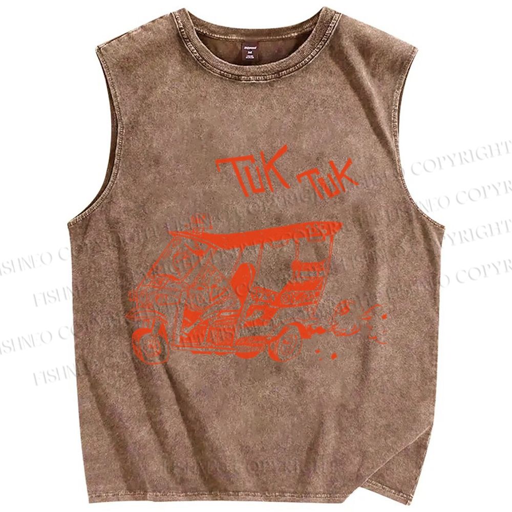 Unisex Cat Driving Taxi Tuk Tuk Printed Washed Tank Top