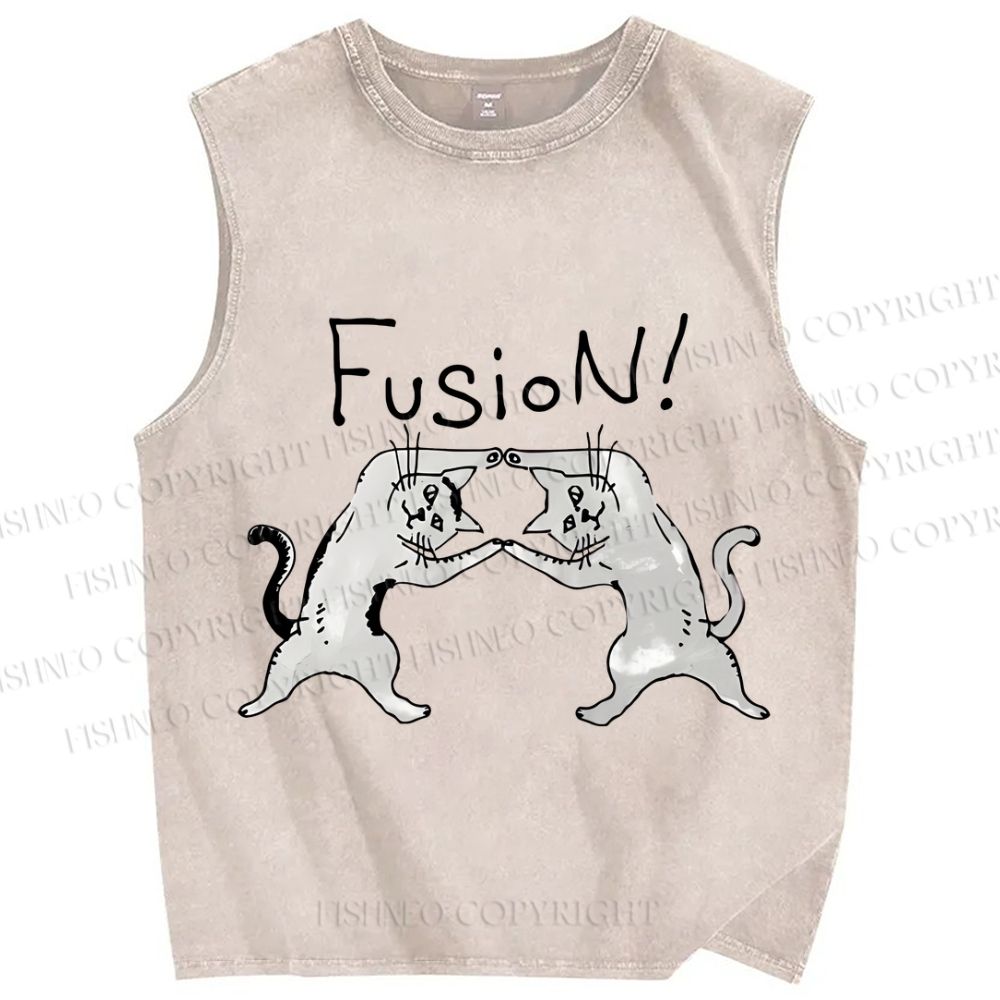 Unisex Cats Fusion Printed Washed Tank Top