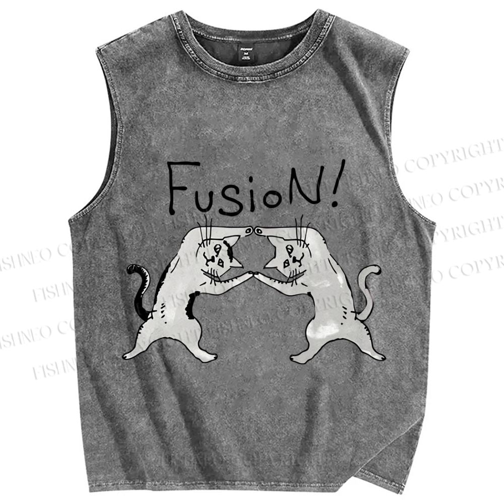 Unisex Cats Fusion Printed Washed Tank Top
