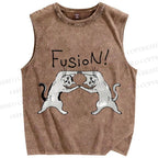 Unisex Cats Fusion Printed Washed Tank Top