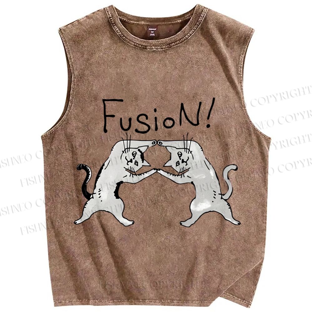 Unisex Cats Fusion Printed Washed Tank Top