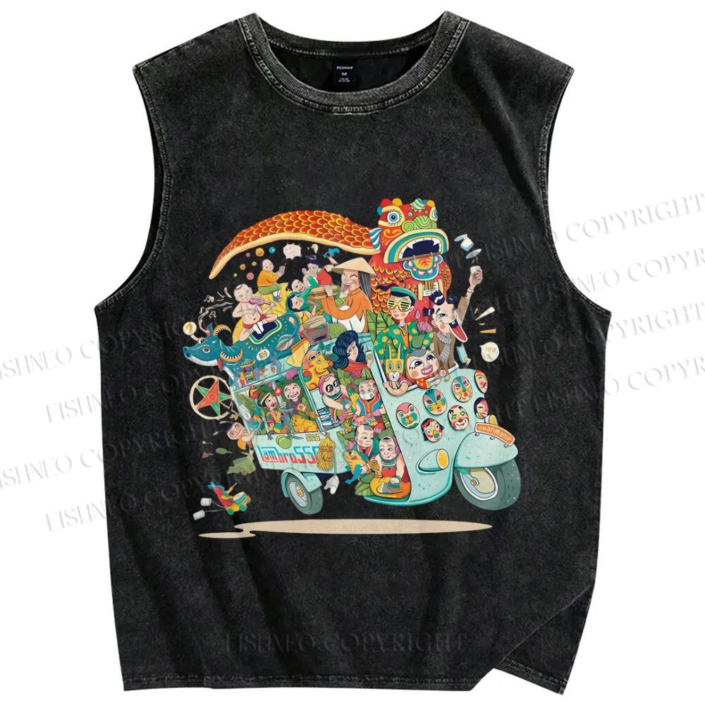 Unisex Crowded Car Funny Graffiti Printed Washed Tank Top