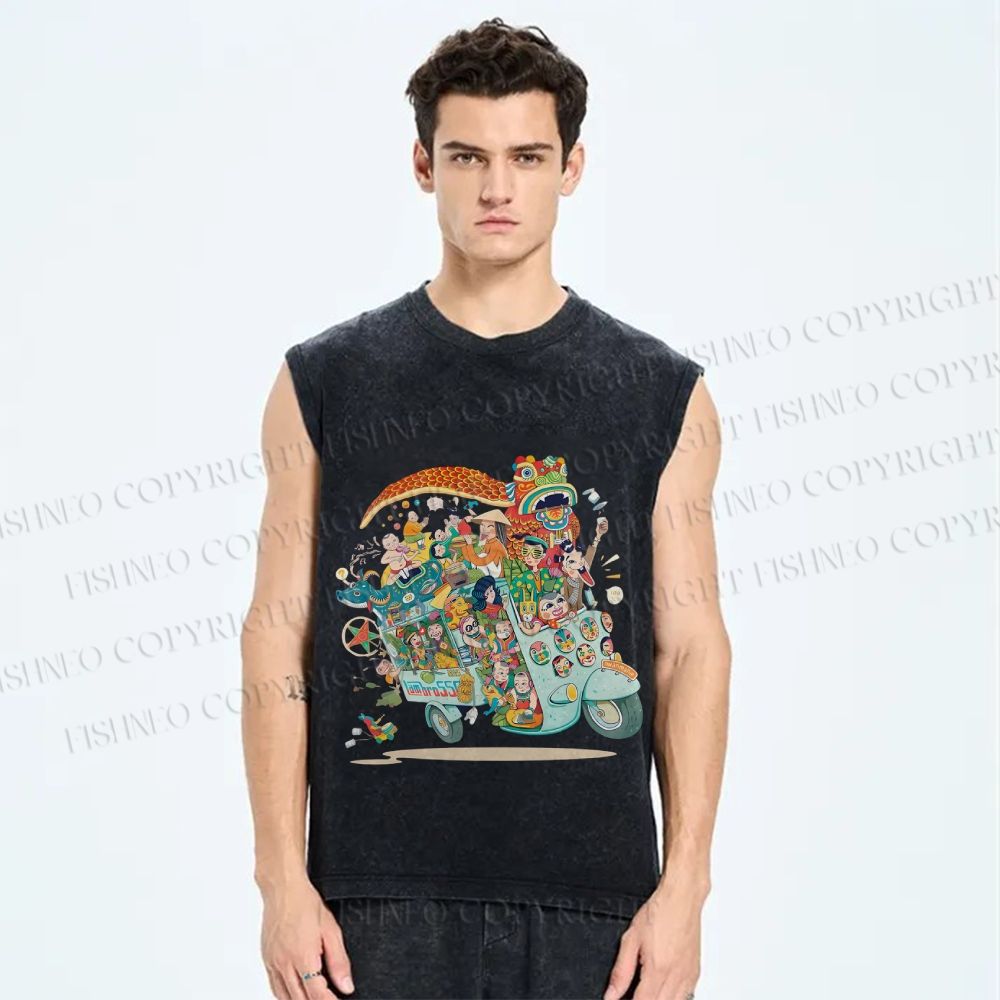 Unisex Crowded Car Funny Graffiti Printed Washed Tank Top