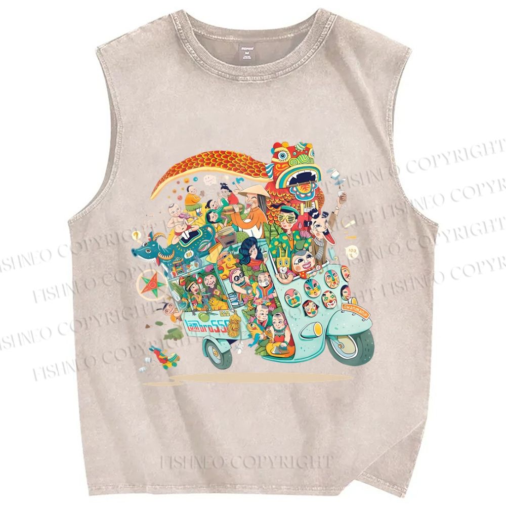 Unisex Crowded Car Funny Graffiti Printed Washed Tank Top