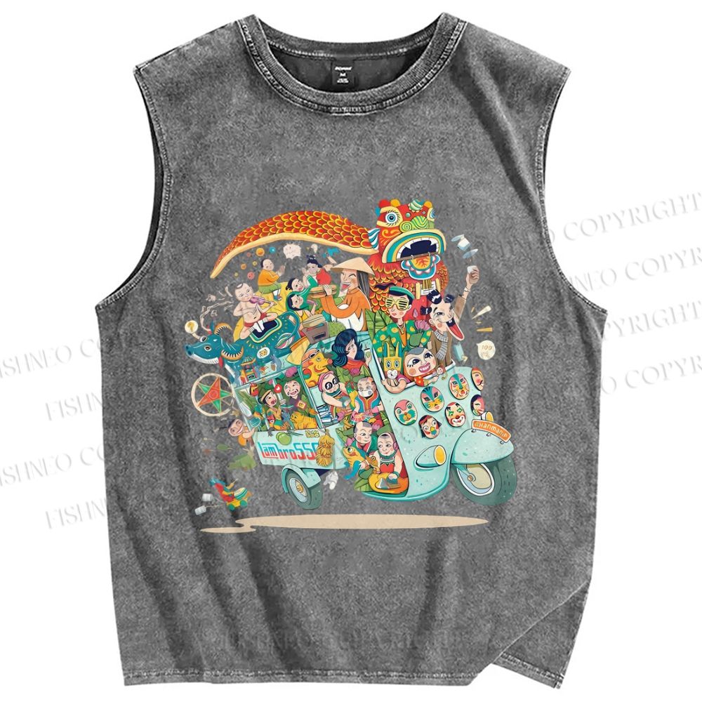 Unisex Crowded Car Funny Graffiti Printed Washed Tank Top