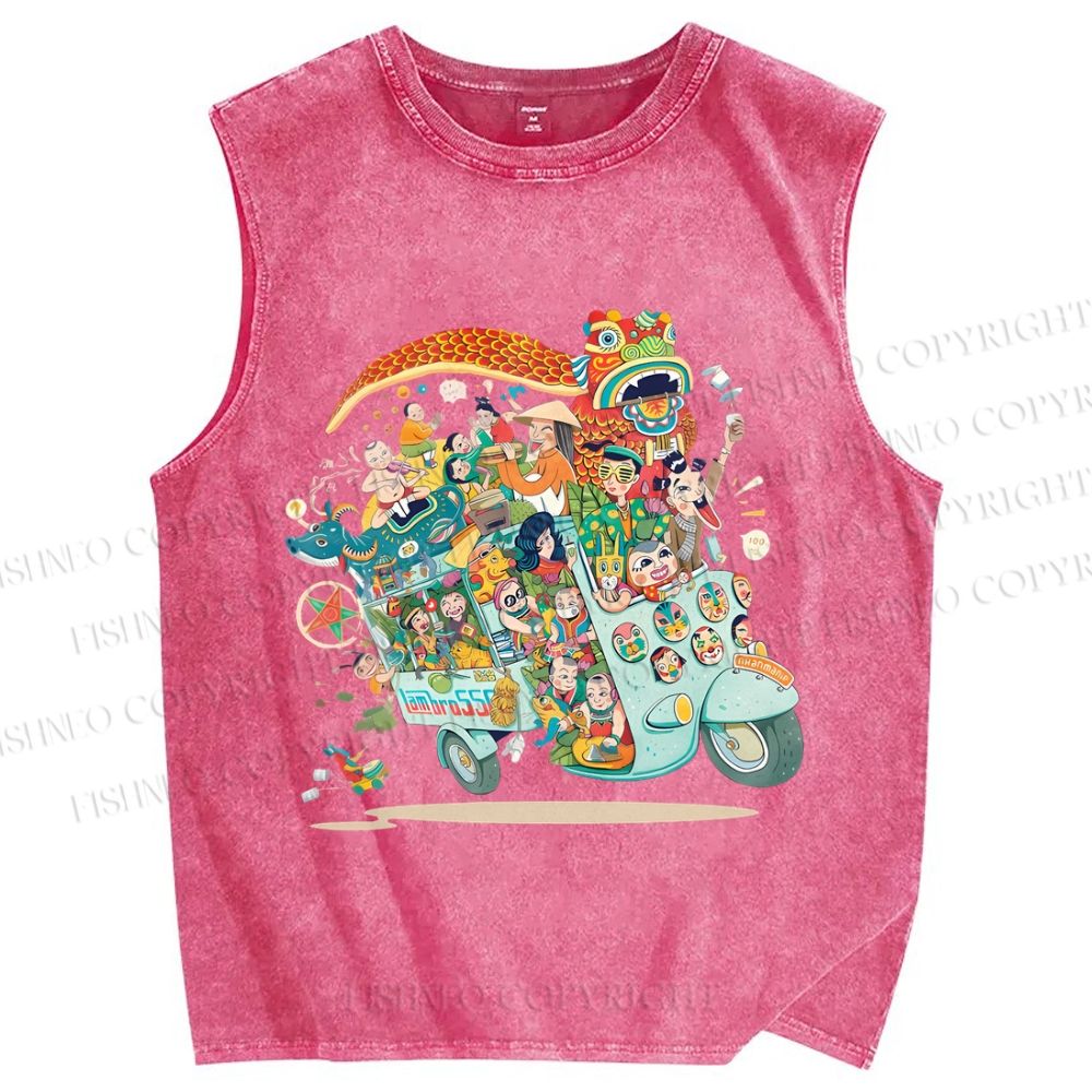 Unisex Crowded Car Funny Graffiti Printed Washed Tank Top