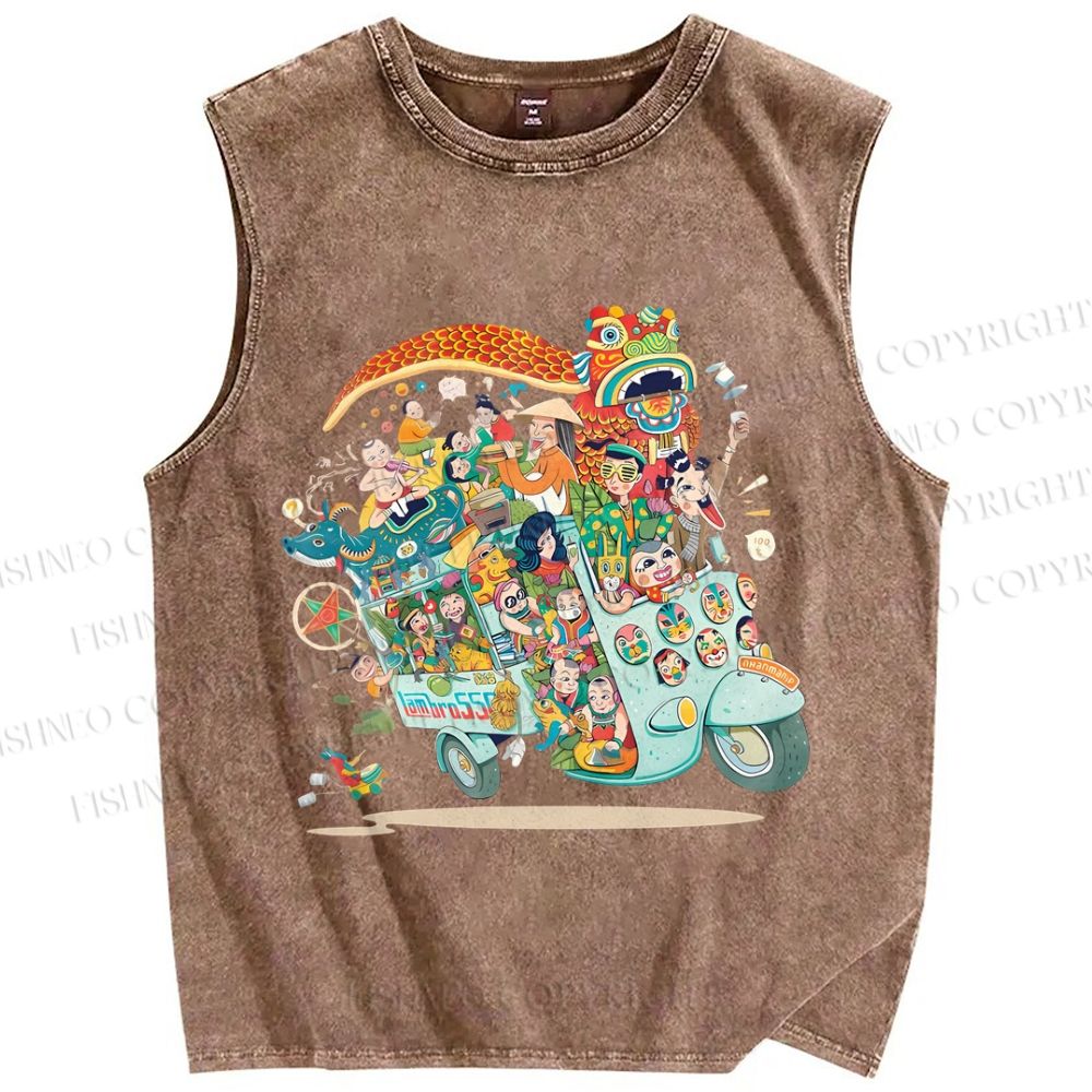 Unisex Crowded Car Funny Graffiti Printed Washed Tank Top
