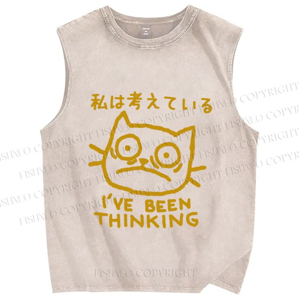 Unisex Vintage Cat Have Been Thinking Printed Washed Tank Top